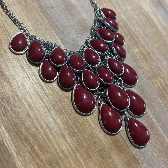 Paparazzi Silver & Maroon Burgundy Red Multilayer Necklace, Bib Style - Picture 2 of 2
